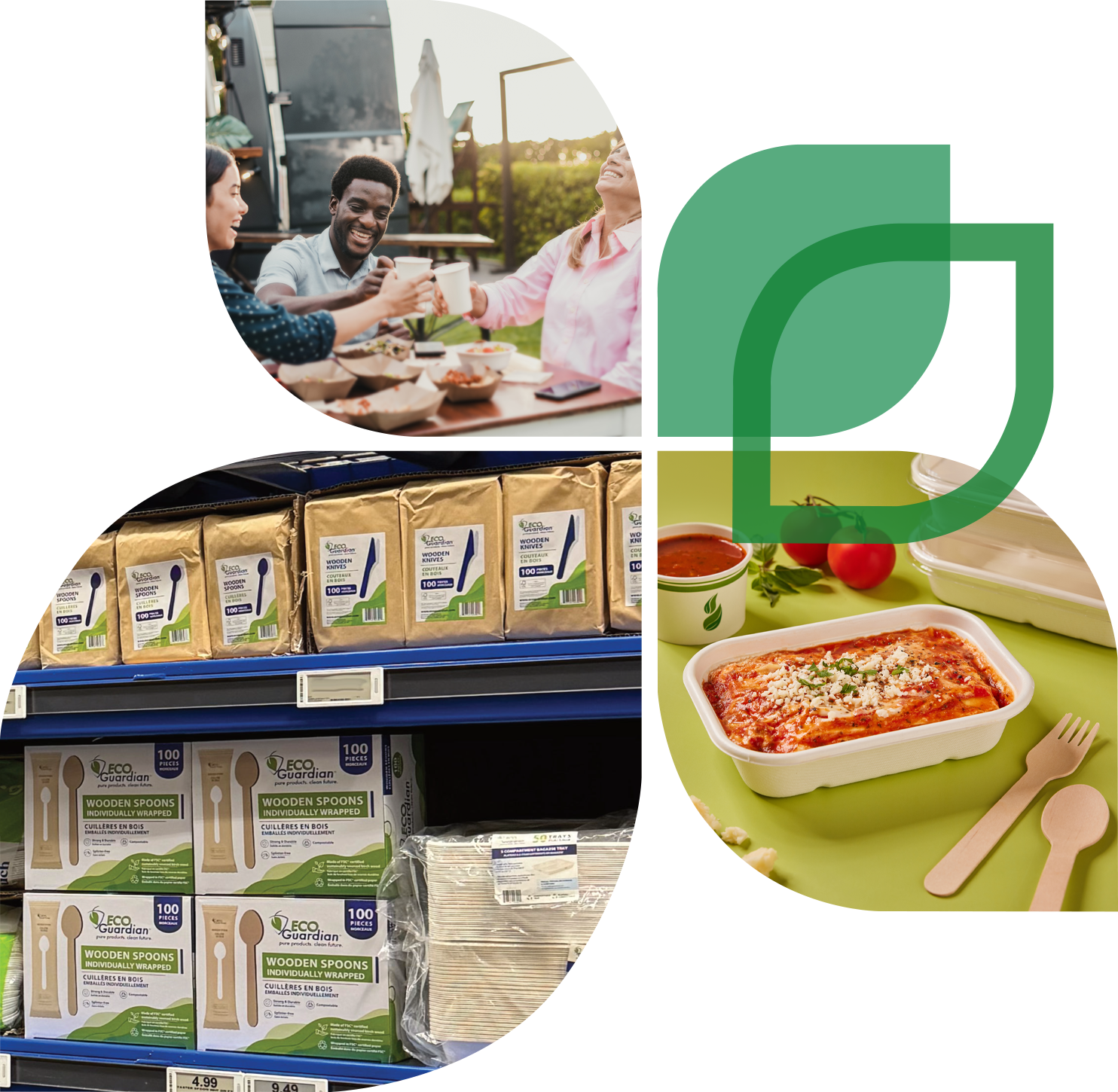 A four-photo collage of Eco Guardian in use: friends sharing a meal from a food truck with compostable cups and bowls, wooden cutlery and packaging stocked on a retail shelf, a lasagna in a fibre container with wooden utensils, and the Eco Guardian leaf logo mark.